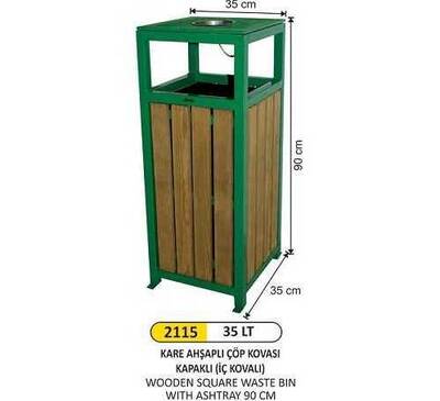 Arı Metal Ahşap Kare Çöp Kovası Kapaklı 35lt 2115 - 1