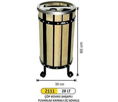 Arı Metal Ahşap Yuvarlak Çöp Kovası Kapaklı 28lt 2111 - 1