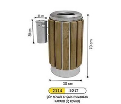 Arı Metal Ahşap Yuvarlak Çöp Kovası Kapaklı 50lt 2114 - ARI METAL