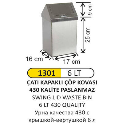 Arı Metal Çatı Kapaklı Çöp Kovası 6lt 1301 - 1