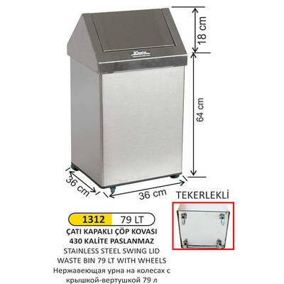Arı Metal Çatı Kapaklı Çöp Kovası 79lt 1312 - 1