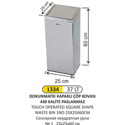 Arı Metal Dokunmatik Kare Çöp Kovası 37lt 1334 - ARI METAL