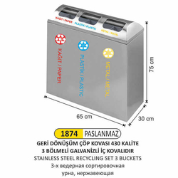 Arı Metal Galvaniz İç Kovalı Geri Dönüşüm Kovası 3lü 1874 - ARI METAL