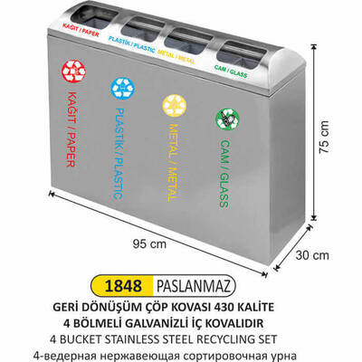 Arı Metal Galvaniz İç Kovalı Geri Dönüşüm Kovası 4lü 1848 - 1