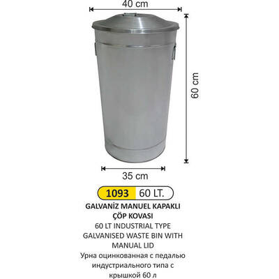 Arı Metal Galvaniz Manuel Kapaklı Çöp Kovası 60lt 1093 - 1