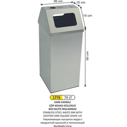 Arı Metal Kare Kapaklı Küllüklü Çöp Kovası 79lt 1776 - ARI METAL