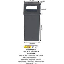 Arı Metal Kare Kapaklı Küllüklü Çöp Kovası Füme 54lt 1355 - ARI METAL