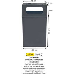 Arı Metal Kare Kapaklı Küllüklü Çöp Kovası Füme 79lt 1356 - ARI METAL