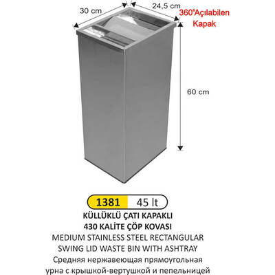 Arı Metal Küllüklü Çatı Kapak Çöp Kovası 45lt 1381 - 1
