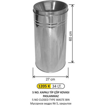 Arı Metal Paslanmaz Kapalı Tip Çöp Kovası 34lt 1205K - 1