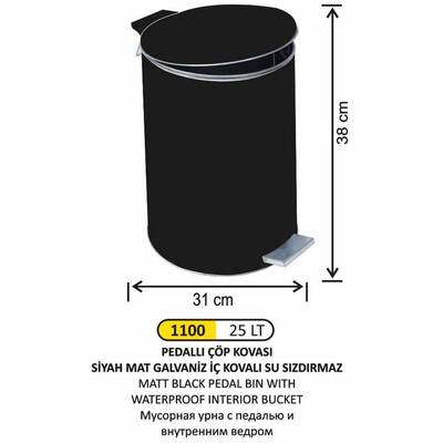 Arı Metal Pedallı Çöp Kovası Mat Siyah 25lt 1100 - 1