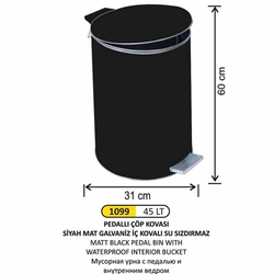 Arı Metal Pedallı Çöp Kovası Mat Siyah 45lt 1099 - ARI METAL