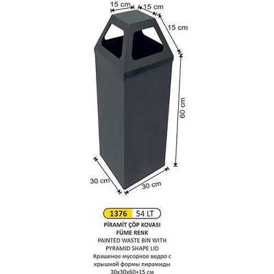 Arı Metal Piramit Kapaklı Çöp Kovası Füme 54lt 1376 - 1
