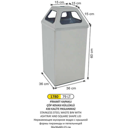 Arı Metal Piramit Kapaklı Küllüklü Çöp Kovası 79lt 1780 - ARI METAL